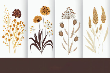Four panels showcasing various botanical illustrations of dried field and meadow flowers on the white background with copy space. Concept design of book illustrations, advertising, interior design