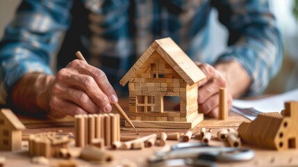 Person building a little house model using natural wooden dowel rods, Crisp, clear, bright color - obrazy, fototapety, plakaty