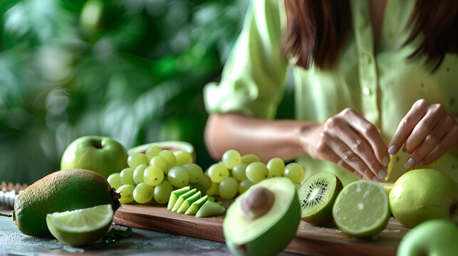 Green Fruits on Front. Woman Cut Fruits on Background, Healthy Eating and Lifestyle Concept, Generative AI

