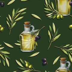 Seamless pattern with olives, oil bottle and leaves. For print, design, textile and background - 757278801