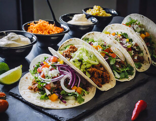 A DIY taco bar with an assortment of fillings and toppings, inviting viewers to build their own tacos