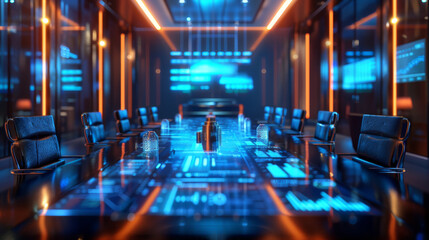 An empty conference room lit by neon lights, featuring advanced holographic display technology on the table.