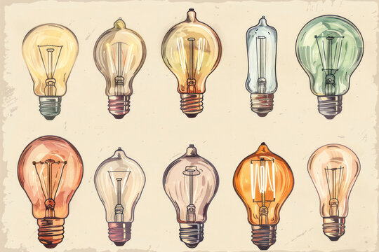 Illustration Of Different Types Of Bulbs With Vintage Colors.