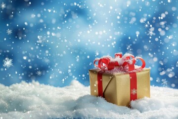 Festive Christmas snow background with copy space. Golden gift box with red ribbon, snowflake and serpentine on snow on evening blue sky background with falling snow flakes. - Powered by Adobe