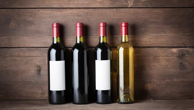 Two bottles of red and white wine. On a wooden background