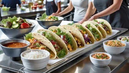 A DIY taco bar with an assortment of fillings and toppings, inviting viewers to build their own tacos