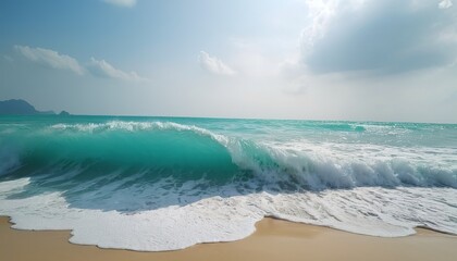 Fototapeta na wymiar View of sea waves on the beach of tropical seas in Thailand. Strong sea waves crash to shore in the rainy season