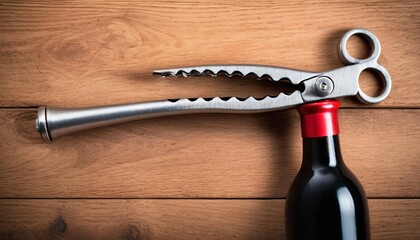 Wine corkscrew. On a wooden background