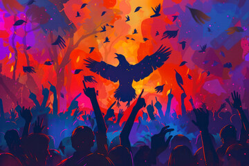 Obraz na płótnie Canvas Stylized illustration festival crow at live concert partying and having fun in color panorama.