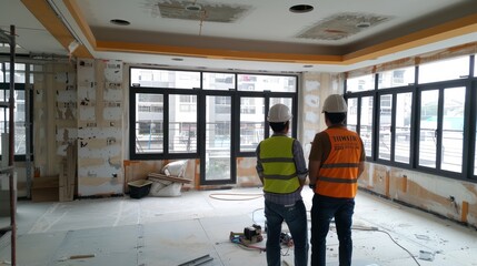 The contractor and the client are assessing the scope of interior finishing works at the site 