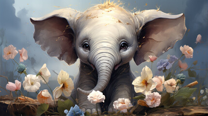 Cute baby elephant playing with flowers. Watercolor artwork.