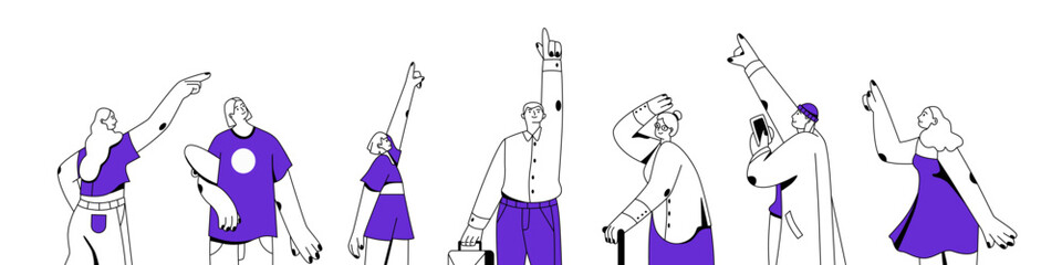 People looking at the sky set. Different characters standing, watching up, gesturing. Men and women pointing finger, showing with hand upward. Flat isolated vector illustration non white background