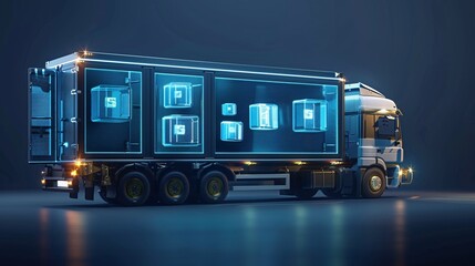 a delivery truck with various hologram boxes. style technology modern, minimalist and simple
