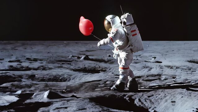 An astronaut in a spacesuit holding a red balloon and walking on the lunar surface
