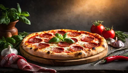 Fotobehang Delicious pepperoni pizza on a dark background, sausage pizza, italian pepperoni pizza in pizzeria © Kwangvann Ztudio