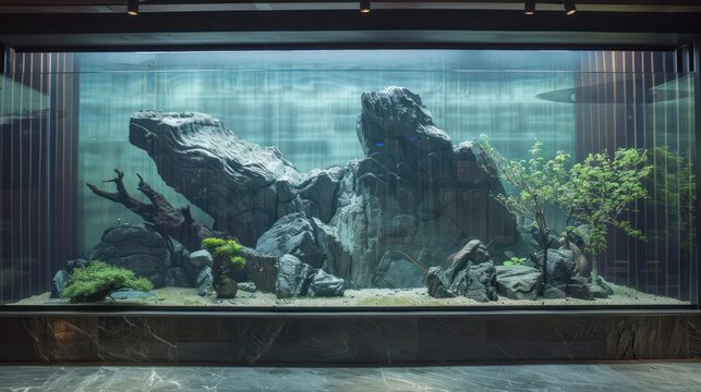The fish tank with a width of 60CM is landscaped in the style of a suspended mountain,