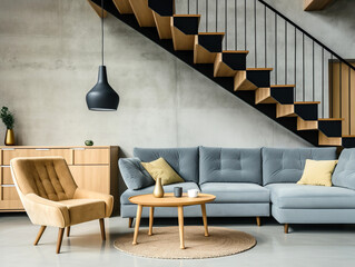Scandinavian interior design of modern living room, home. Blue sofa under staircase against concrete wall. - obrazy, fototapety, plakaty