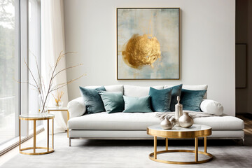 Art deco interior design of modern living room, home. Golden round coffee table near white sofa with teal pillows against wall with poster.