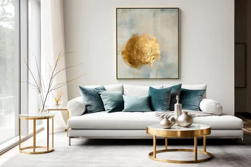 Poster Art deco interior design of modern living room, home. Golden round coffee table near white sofa with teal pillows against wall with poster. © Vadim Andrushchenko