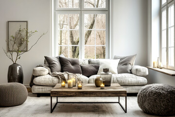 Scandinavian farmhouse interior design of modern living room, home.