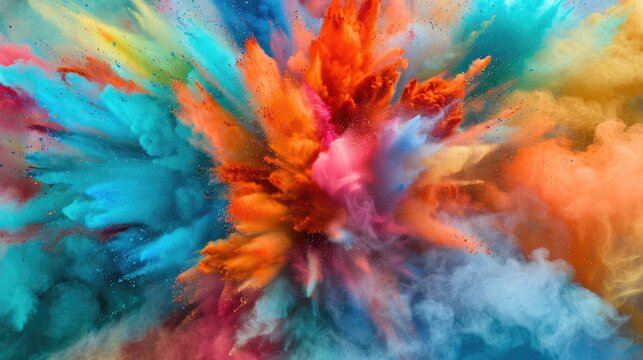 Explosion of color: Vibrant powdered pigments bursting in the air. Abstract art concept suitable for dynamic wallpaper, poster design, and creative backgrounds