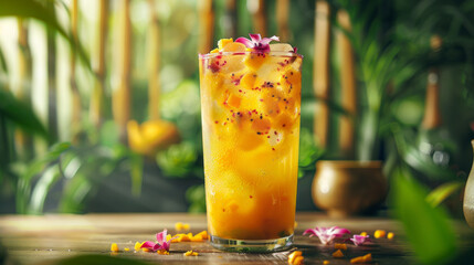 A vibrant glass of passion fruit drink against bamboo, epitomizing exotic refreshment and summer...