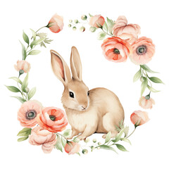 watercolor floral wreath frame Spring wild flowers with Easter bunny - 757281824