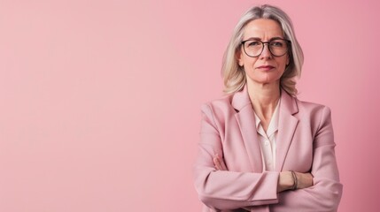 senior woman in executive suit on pink background