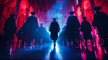 A group of students in graduation attire walking through an architecturally grand space, illuminated by colorful lights. Graduation concept, and bright future illuminated by the glow of knowledge