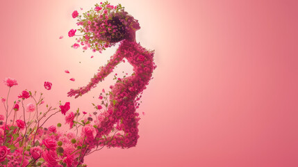 Silhouette of a woman made up of various pink flowers and green leaves, set against a soft pink background. A spring or summer concept with space for text