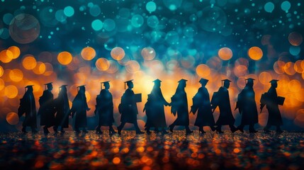 A group of silhouetted students wearing graduation caps and gowns, captured against a backdrop of vibrant, bokeh lights. Graduation concept.