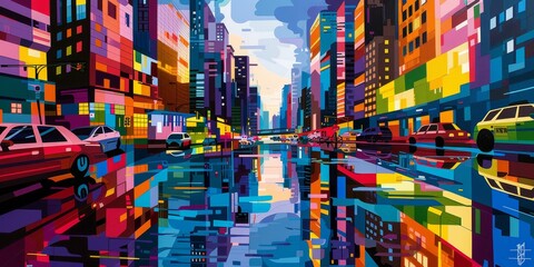 A vibrant and colorful cityscape with tall buildings