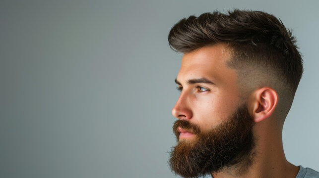 Stylish Profile: Handsome Man with Haircut and Beard on Grey Background. Generative ai