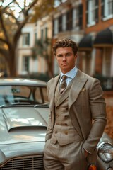 Heir to Heritage: Classic Car and Gentleman by Stately Manor. Generative ai