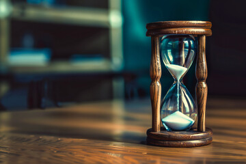 hourglass on wooden table - obrazy, fototapety, plakaty