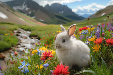 Springtime Serenity: White Baby Rabbit Amidst Blooming Meadow in the Mountains. Generative ai - obrazy, fototapety, plakaty
