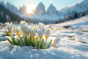 First Signs of Spring: Flowers Emerging from Snowy Mountains Bathed in Warm Sunlight. Generative ai