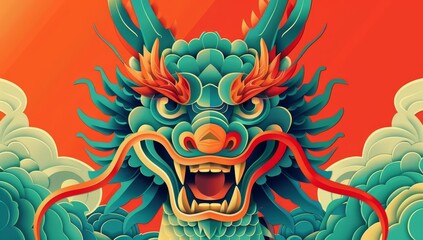 Chinese dragon, flat illustration style, simple color blocks, cute cartoon character design