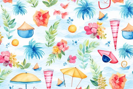 Watercolor seamless Illustration of summer with various types of different fruits, flowers, concept of the arrival and onset of summer. Concept for wrapped cover paper