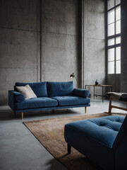 A minimalist studio apartment with a blue sofa against a concrete wall in a Scandinavian loft, capturing the essence of contemporary interior design.