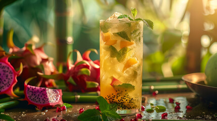Fototapeta na wymiar An enticing glass of exotic fruit cocktail with dragon fruit and mint, set in a lush and colorful environment