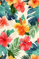 Zelfklevend Fotobehang Watercolor seamless Illustration of summer with various types of different fruits, flowers, concept of the arrival and onset of summer. Concept for wrapped cover paper © Sunny