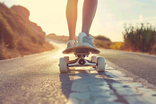 Skateboarding Under the Sun: Girl Riding on Empty Road. Generative ai