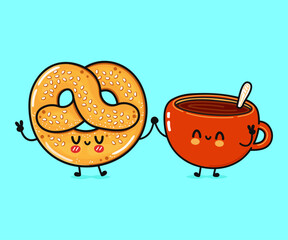 Cute, funny happy Cup of coffee and French pretzel character. Vector hand drawn cartoon kawaii characters, illustration icon. Funny cartoon Cup of coffee and French pretzel friends concept