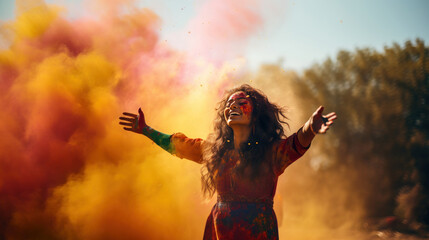 Happy woman in Holi colors celebrating with open arms