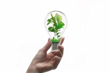 Futuristic Lightbulb Holding Green Aesthetic Plant, Isolated on White. Generative ai