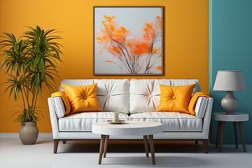 Mockup of a living room, colorful, bright, with a large picture frame.