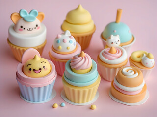 Set of Cupcakes. Sweet Imagination Cute and Charming Pastel-Colored Bowl Cakes.