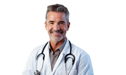 Portrait of a smiling senior male doctor with stethoscope, isolated on transparent background