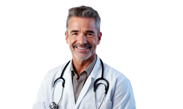 Portrait of a smiling senior male doctor with stethoscope, isolated on transparent background